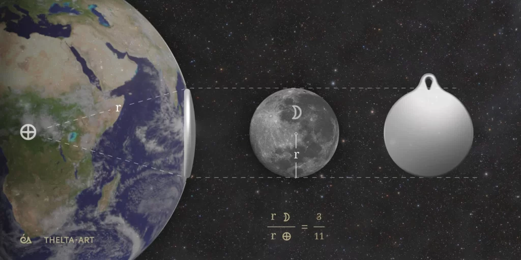 Silver meniscus from proportions of Earth - Moon sizes The proportions of the silver meniscus-carrier of the scripts of the "Scripts into Circle" jewelry series in relation to the sizes of the Earth and the Moon.