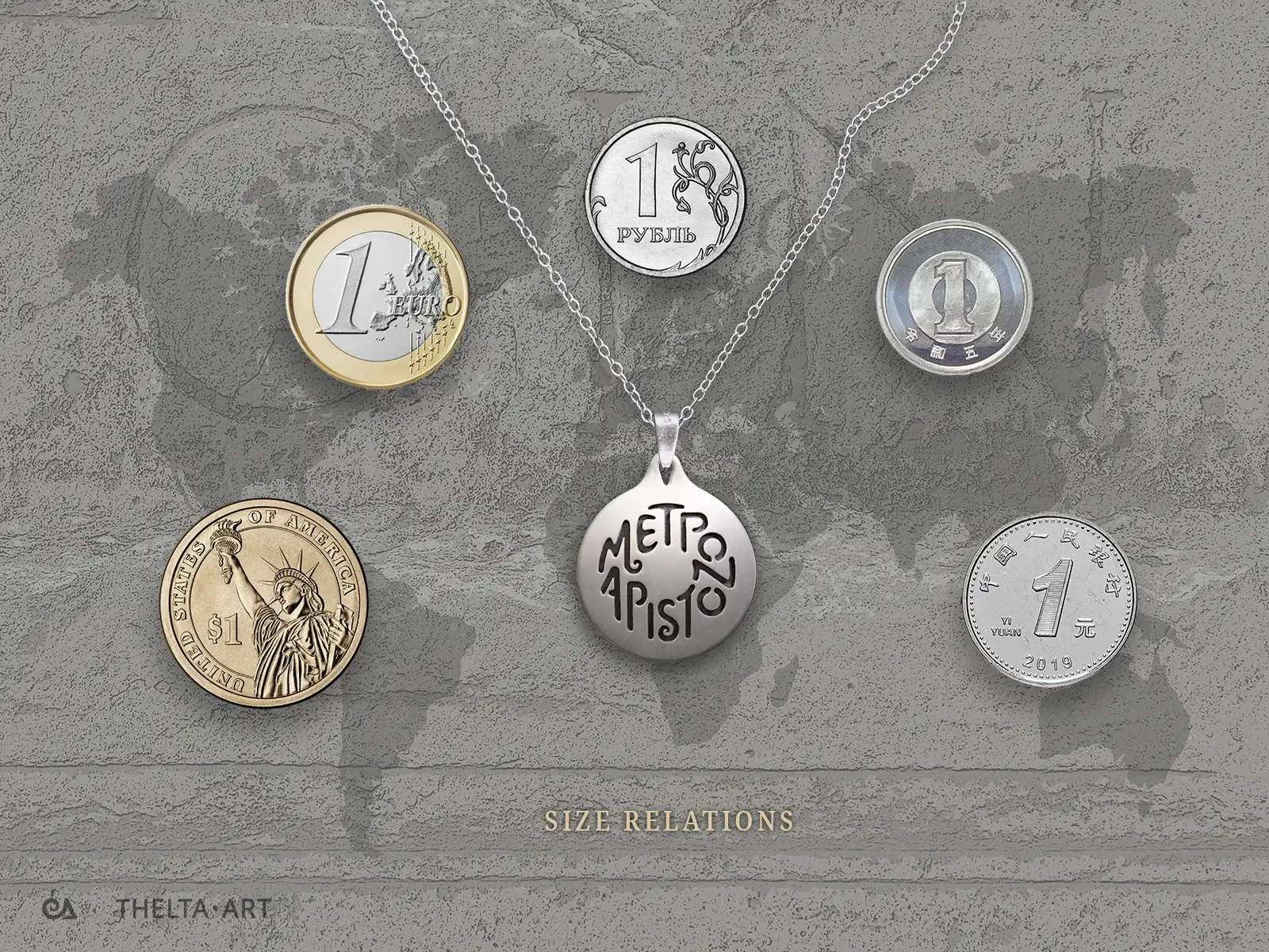 Dollar, Euro, Ruble, Yen, Yuan, "Scripts into Circle" series Jewelry