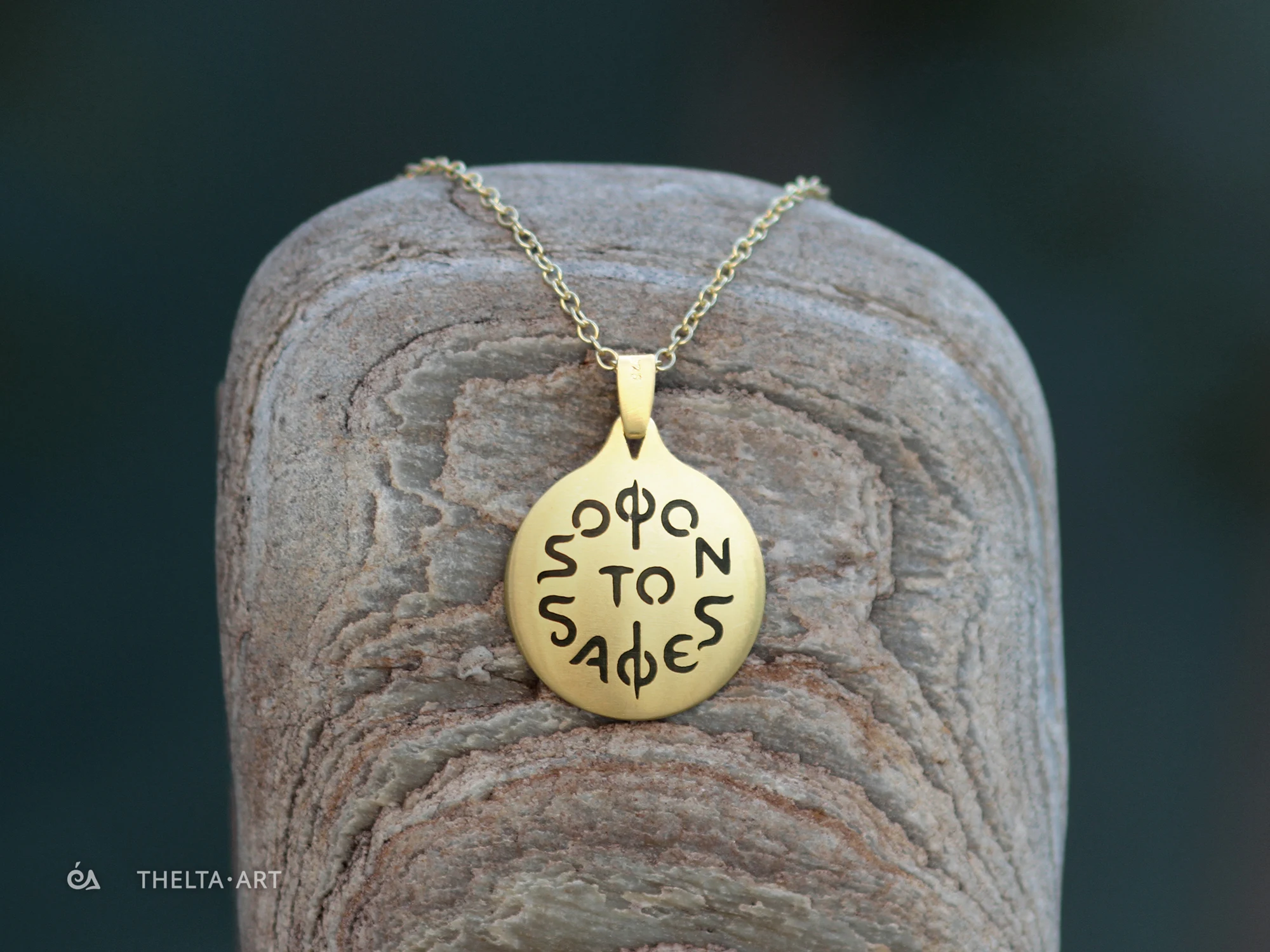 "Sofon to Safes" – pendant, gold plated & enameled script