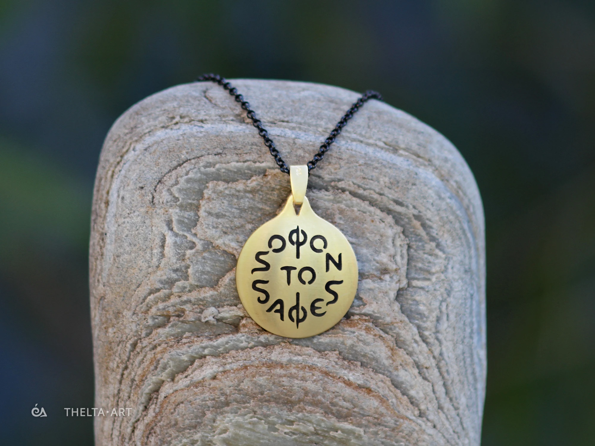 "Sofon to Safes" - Gold plated pendant and blacked chain with enameled script