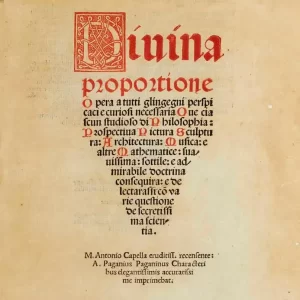 "Divina proportione" first page of a book on mathematics, printed in 1509.
