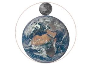 Image of the Earth and Moon united inside an enclosing golden ratio circle.