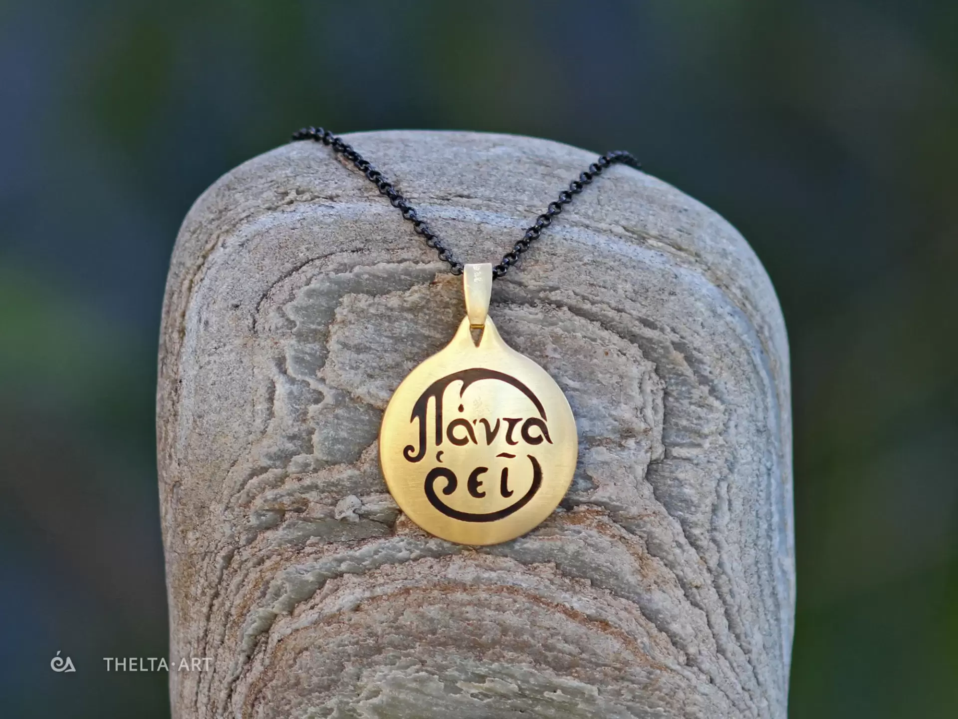 "Panta rhei" - Gold plated pendant and blacked chain with enameled script