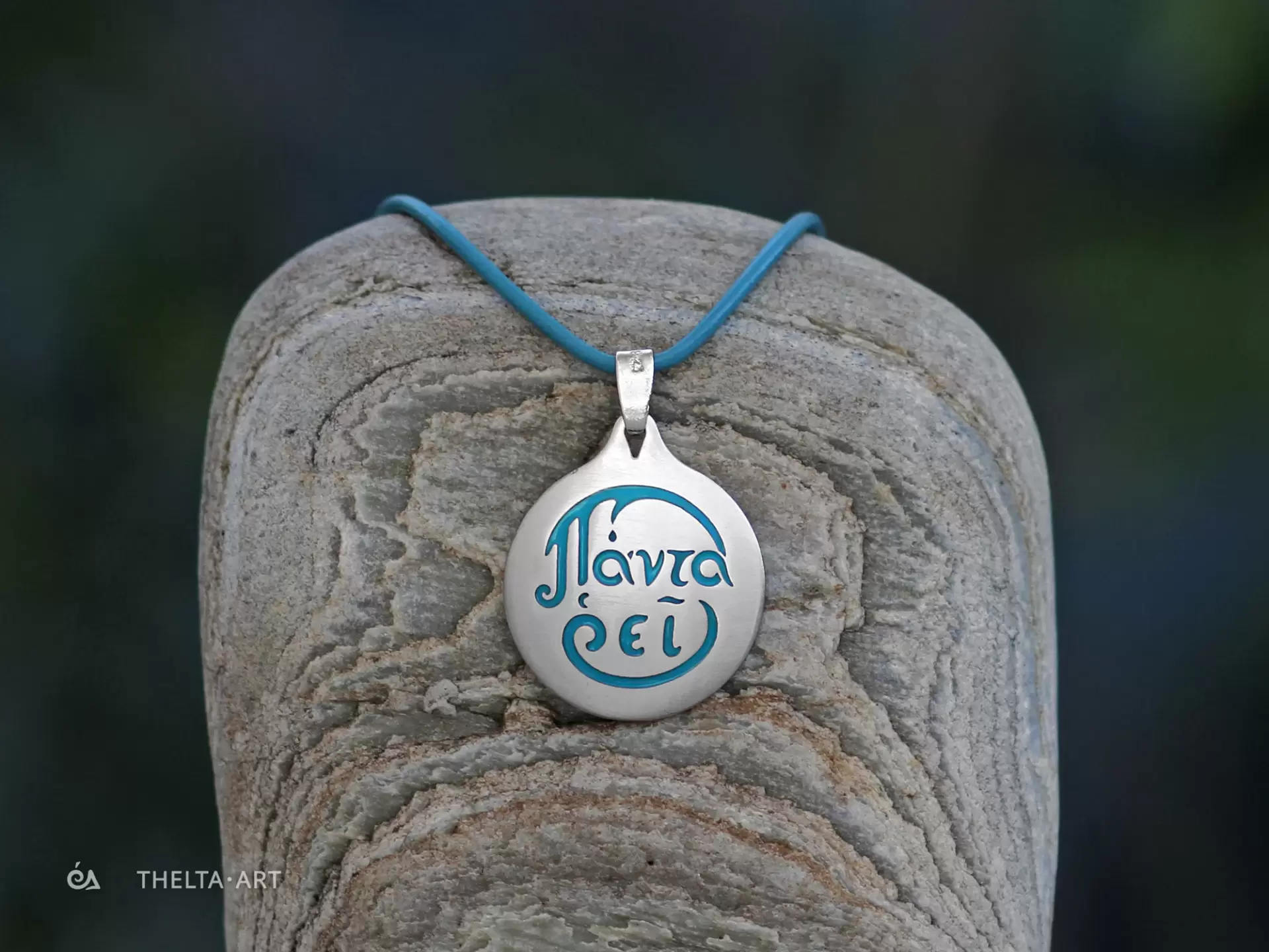 "Panta rhei" Handcrafted sterling silver pendant with turquoise enameled letters & leather cord