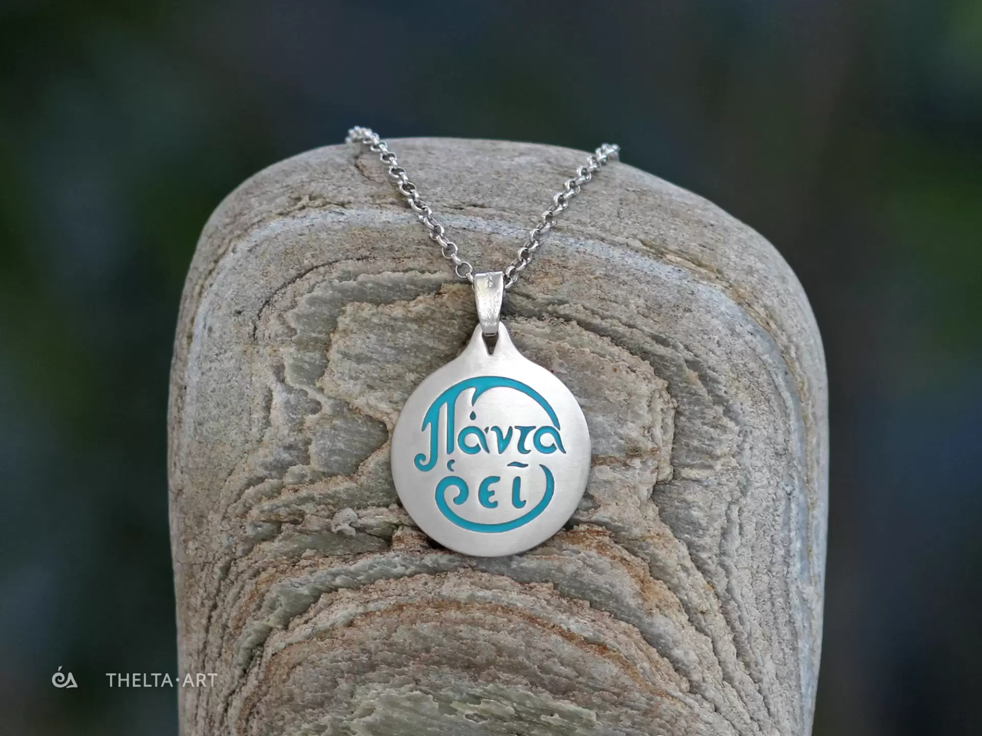 "Panta rhei" Handcrafted sterling silver pendant with turquoise enameled letters & natural silver chain