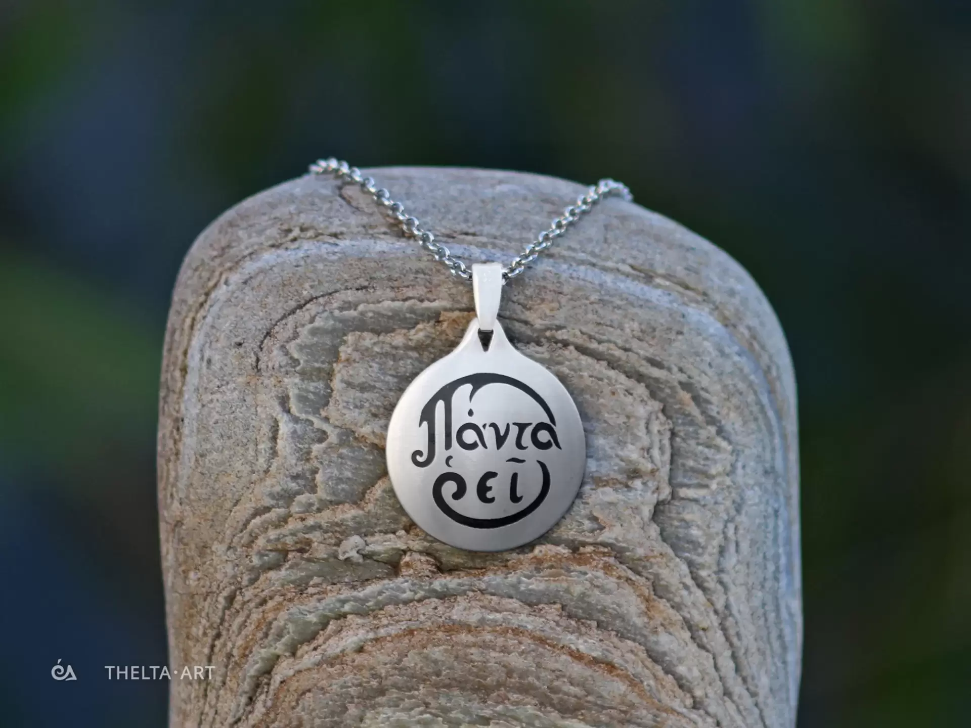 "Panta rhei" - platinum plated pendant and chain with enameled script